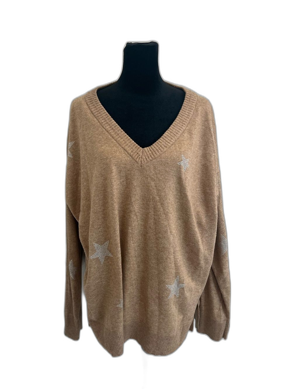 Knox Rose XXL Tan V-Neck Star Embellished Oversized Sweater